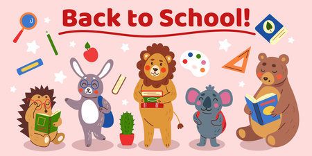 School character. Back to class. Cute animal reading book. Studying stationery or textbook. Elementary education. Student mascot with backpack. Baby learning. Vector cartoon children tidy illustrationのイラスト素材