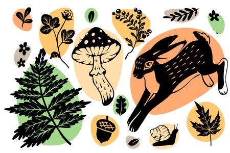 Autumn forest. Wild animal. Plant leaves. Hand drawn decorative natural design. Black silhouette hare. Mushrooms and oak acorns. Seasonal pattern of box product. Fern and berry. Vector elements setのイラスト素材
