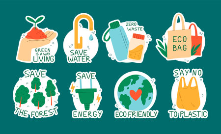 ECO sticker. Green living. Plant tree, conserve water. Ecology bags, forest preservation, energy efficiency. Earth care graphic symbols. Cartoon flat style isolated illustration. Vector icons setのイラスト素材
