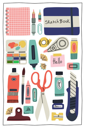 Artistic stationery. Sketch instrument. Crafting accessories. Scissors and ruler. Notebook paper page. Creative project. Paint palette. Sharpener and eraser. Binder clip. Creativity objects vector setのイラスト素材