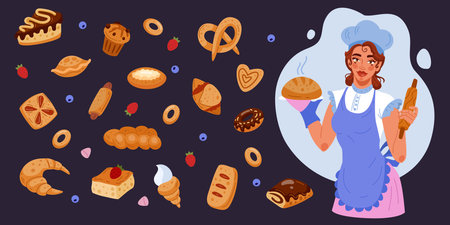 Bakery worker. Comic icon pie, cookie, baguette, female character cook. Funny kitchen pastry, bread, cupcake. Chef tools, sweet food. Vector cooking tidy sticker, cartoon flat isolated illustrationのイラスト素材
