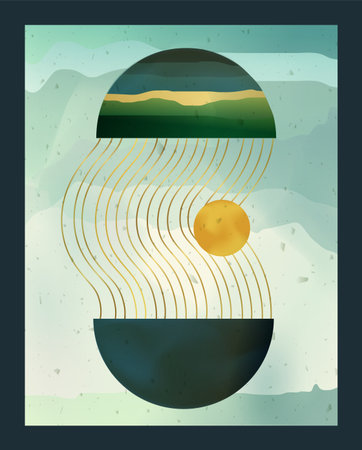 Gold watercolor picture. Abstract shapes. Geometric round forms. Semicircle and foil lines. Flat artistic ink strokes. Sky clouds. Gradient color paints. Minimal artwork stains. Vector creative cardのイラスト素材