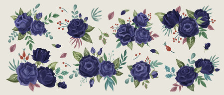 Rose black. Wedding invite, stylish floral wreath. Watercolor flowers frame, green leaves, spring branch, celebration decoration. Gothic botanical decorative isolated elements. Vector tidy card designのイラスト素材