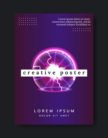 3D sphere shield. Creative poster. Glowing protective barrier. Geometric round shape. Abstract circle bubble. Neon energy flash dome. Electric light spackles. Vector invitation banner design templateのイラスト素材