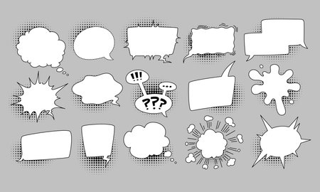 Cartoon speech balloon. Comic bubble halftone. Pop art exclamation. Retro dialog cloud, message sound, talking comic effect. Empty frame or banner with copy space. Vector communication isolated frameのイラスト素材
