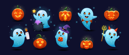 Ghost cartoon. Halloween pumpkin icon, Jack O Lantern emotion face. Cute magic on autumn festival. Spooky fantasy set for party night. Witch and wizard costume. Vector nice horror tidy decorationのイラスト素材