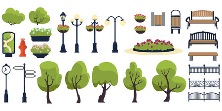 Light street. Wooden benches. Garden lighting. Cartoon alley fence. Urban lamp. Hedge and tree. Cityscape pointer. Town seat with dustbin. Collection for landscape avenue. Vector park elements setのイラスト素材