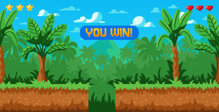 Pixel art jungle. Game level. 8 bit retro landscape with tree and grass. Cartoon tropical forest world. 2D gaming screen. Arcade level template. Computer winner award. Vector garish pixelated sceneのイラスト素材