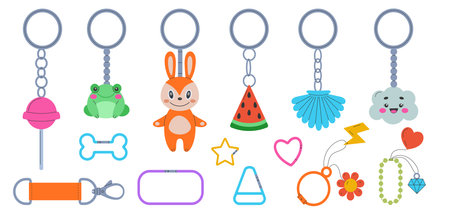 Ring for bag. Cute trinket for keys. Colorful toys keychains. Kids accessories. Funny clip. Trendy fob chains. Carabiner holder with plastic pendant. Doodle latchkey elements set. Vector tidy fashionのイラスト素材