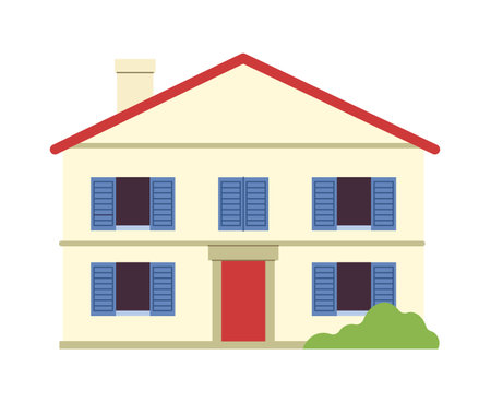 City building. Home exterior. Real estate. Suburban house. Residence facade. Mansion door porch. Residential construction with chimney. Urban architecture front view. Vector cityscape isolated elementのイラスト素材
