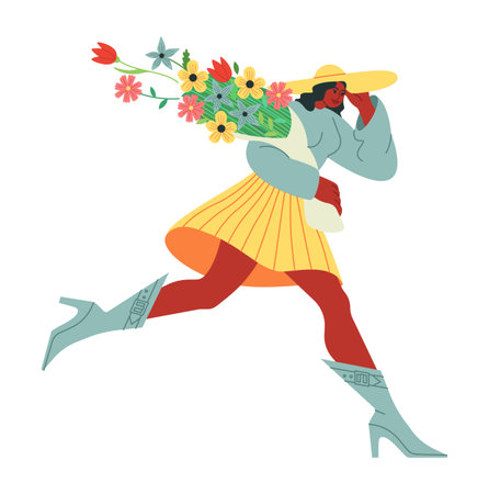 City building. Happy young woman walking. Glamour female character hurrying. Urban pedestrian. Flower bouquet. Attractive girl carrying blossoms bunch. Summer blooms. Trendy clothing. Vector conceptのイラスト素材