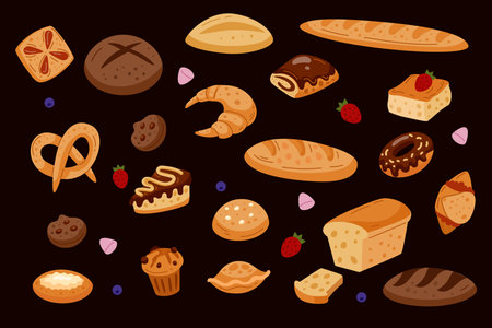 Bakery dessert. Sweets, pastry cartoon isolated elements. Sticker cookie, different bread, cupcake, traditional pie, cake slice. Cute cafe food background. Menu design hand drawn. Vector tidy icon setのイラスト素材