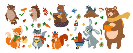 Autumn animals. Fall forest. Bear hold pumpkin, cute fox, funny rabbit, squirrel and hedgehog with harvest. Cute mushroom and leaf. Woodland celebration scrapbook. Vector cartoon tidy isolated setのイラスト素材
