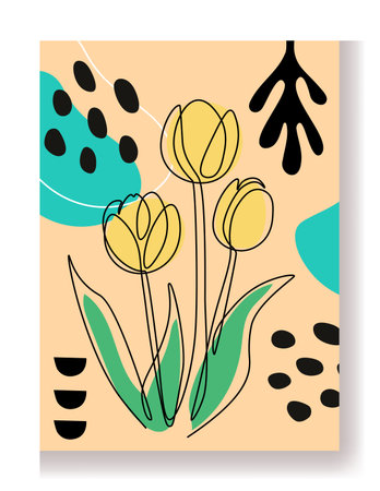 Art abstract poster. Line drawing flowers. Doodle tulip. Organic simple amorphous shapes. Contour dots. Botanical forms. Color flat spots. Minimalist print. Summer blossom. Vector floral modern cardのイラスト素材