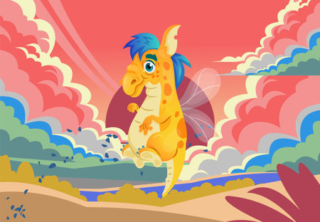 Cartoon alien. Space landscape. Flying beast. Cute animal in nature. Martian character. Sky sunset clouds. Fantastic goblin. Fantasy troll. Fairytale creature. Cosmos planet land. Vector illustrationのイラスト素材
