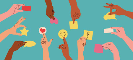 Hands holding feedback symbols. Heart emoji cards. Communication media elements. Icons like, review. Empty blank paper notes. Character emotion. Banner design. Vector cartoon isolated illustrationのイラスト素材