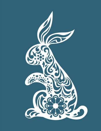 White paper cut rabbit. Easter symbol. Flower and leaves botanical traditional ornament. Modern white silhouette pattern. Spring holiday animal. Decorative fauna element. Vector isolated illustrationのイラスト素材