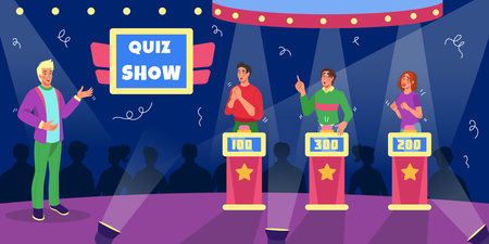 Quiz game. Show on television. Fun trivia game. Intellectual contest. Erudite player imagining answer. TV presenter and participants at stands. Educational competition. Vector cartoon tidy characterのイラスト素材