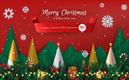 Christmas banner 3D. Holiday sale poster. New Year background. Red backdrop, paper snowflake, paper cut trees. Lights celebration, decor candy, gift boxes, holidays advertising. Vector exact discountのイラスト素材