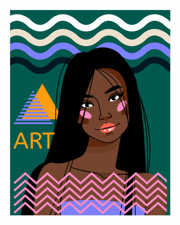 Woman face poster. Beautiful young female portrait. African person beauty. Geometric abstract...