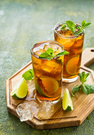 Refreshing drink, iced tea with lime wedges in glasses on a wooden board on a green concrete...