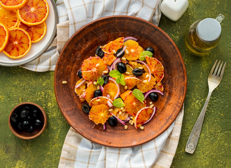 A healthy salad of sliced bloody oranges, purple onions, olives and pine nuts with olive oil dressing on a brown plate against an olive concrete background. Vegan recipes. Sicilian cuisine.の写真素材