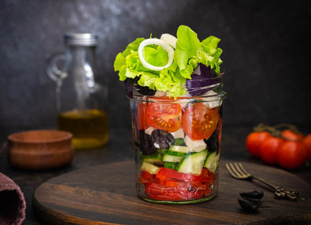 Healthy greek salad with fresh vegetables and feta cheese in a glass jar on a dark concrete background. Salad recipes.の写真素材