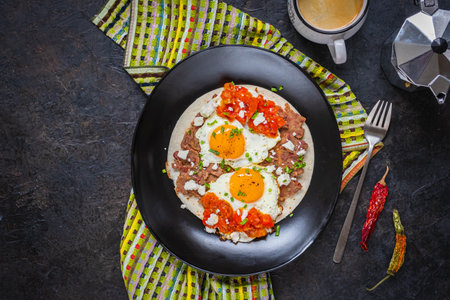 Huevos rancheros, Mexican fried egg on a wheat tortilla with tomato salsa, bean paste and feta cheese on a black plate on a black concrete background. Mexican food.の写真素材