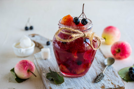 Apple jam with apple pieces and chokeberry in a jar on a light concrete background. Jam recipes....