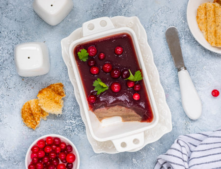 Cold appetizer, tender chicken liver pate with cranberry jelly garnished with cranberries and parsley in a white dish on a light concrete background. Liver recipes. french cuisine.の写真素材