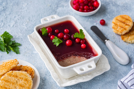Cold appetizer, tender chicken liver pate with cranberry jelly garnished with cranberries and parsley in a white dish on a light concrete background. Liver recipes. french cuisine.の写真素材