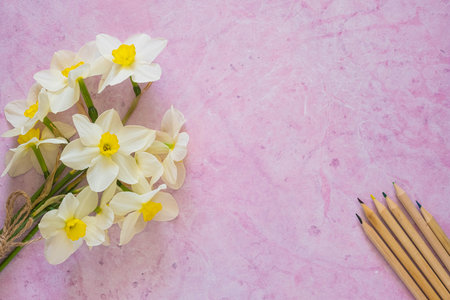 Bouquet of white daffodils on a pink concrete background with space for text or congratulations. spring flowers. holiday postcards.の写真素材