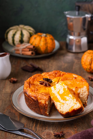 Round cottage cheese casserole with pumpkin layer on a ceramic plate on a brown wooden background. pumpkin recipes. Thanksgiving, Halloween concept.の写真素材