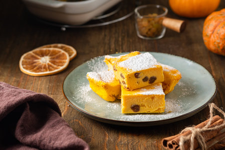 Sliced cottage cheese casserole with pumpkin and raisins, sprinkled with powdered sugar, on a ceramic plate on a brown wooden background. pumpkin recipes.の写真素材