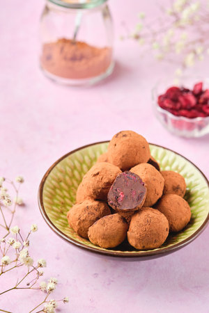 Homemade chocolate truffles with dried cherries in a ceramic bowl on a pink concrete background. Recipes for sweets, candiesの写真素材