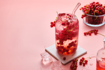 Soft drink, water with ice, syrup and red currant berries in a glass on a pink plain background. summer drinks. Photo in one color, red monotone.の写真素材