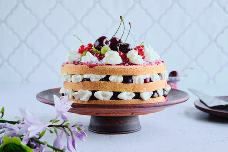 Summer cake with custard, raspberry jam and assorted berries on a clay plate on a light concrete...