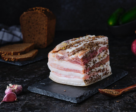 Appetizer, salted lard with streaks of meat, sprinkled with caraway seeds and garlic, on a black slate board on a dark concrete background. Ukrainian food. Canning, supplies.の写真素材