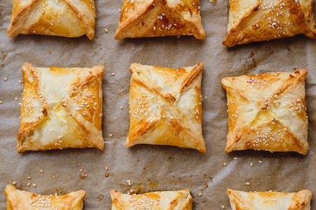Unsweetened pastries, puff pastry envelopes with cheese filling on parchment on a baking sheet. Puff...