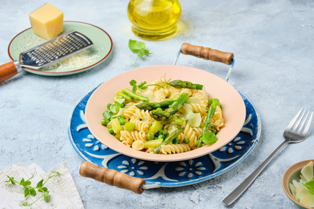Pasta primavera, fusilli with green peas, asparagus and parmesan cheese in a ceramic plate on a gray concrete background. Asparagus recipes. Italian Cuisine. Seasonal products.の写真素材