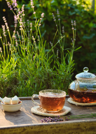 Lavender tea in a transparent teapot served on a wooden tray in the garden. Drinks with lavender. Hot drinks, tea party in the gardenの写真素材