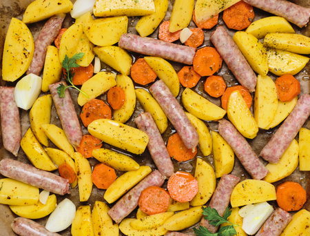 Close-up of pork sausages with potatoes and carrots ready to bake on a metal baking sheet. Comfort food. Thanksgiving dayの写真素材