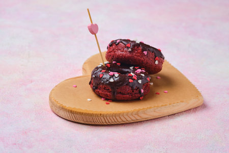 Two red velvet donuts with chocolate glaze and sugar sprinkles hearts on a wooden heart-shaped board on a pink concrete background. Dessert for lovers. Valentine's Day.の写真素材