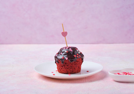 Mini cupcake Red velvet with chocolate glaze and sugar sprinkle hearts on a white plate on a pink concrete background. Dessert for lovers. Valentine's Day.の写真素材