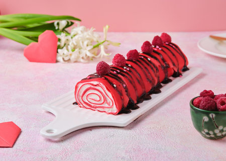 Sweet roll of thin red pancakes with cream, decorated with chocolate and raspberries, on a white ceramic board on a pink background. Valentine's Day. Maslenitsa, international pancake day.の写真素材