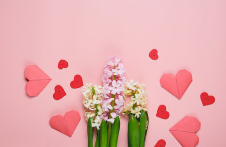 Festive composition of fresh pink and white hyacinths and red origami paper hearts for Valentine's Day on a pink background. Copyspace. Valentines Day greeting cardの写真素材