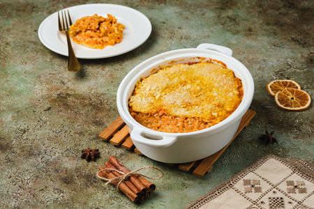 Finnish carrot casserole with rice and crispy crumble on top in white baking dish on green concrete background. Traditional food of Finns at Christmas. Vegetable, vegetarian recipes. Finnish cuisineの写真素材