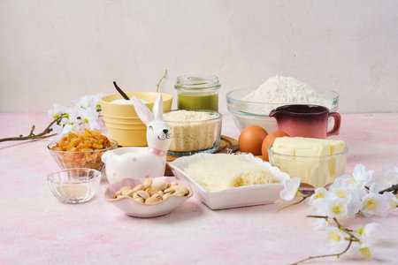Set of ingredients for making Dubai style Easter cake with pistachio paste filling and kataifi dough...