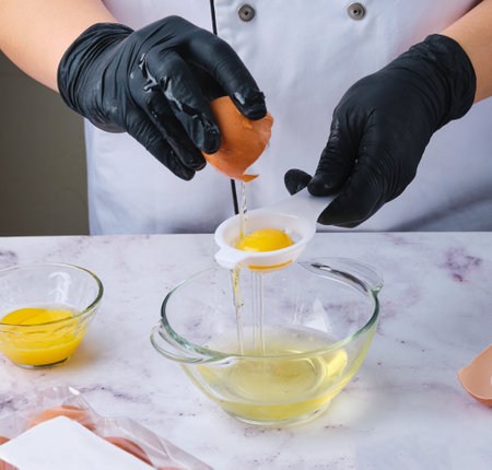 Woman in black gloves separating egg whites from yolks to make dough, dessert or meringue. Chef at work in the kitchen. Cooking, ingredientsの写真素材