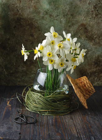 Floral still life with white daffodils in a transparent vase, metal scissors and a decorative wicker hat on a dark wooden background. Seasonal flowersの写真素材